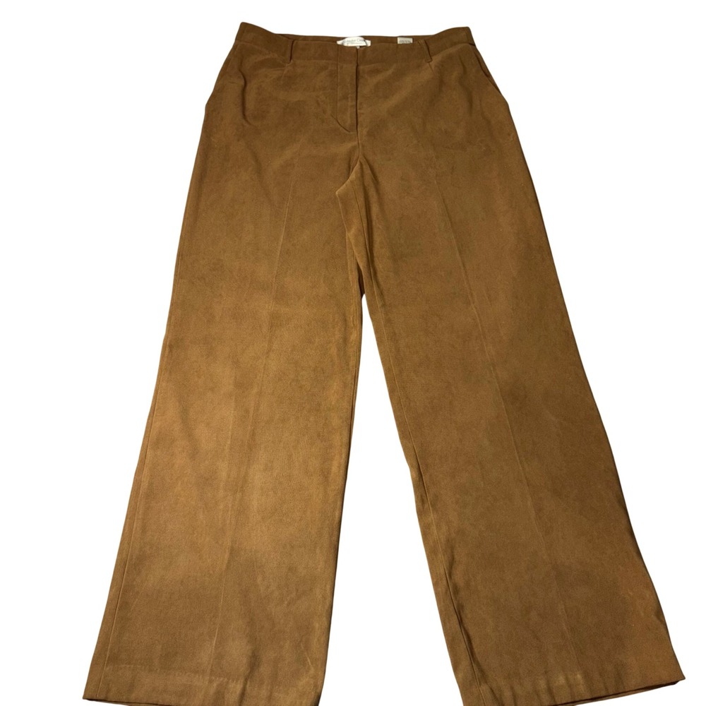 Coldwater Creek Size 12 Brown Faux Suede Wide Leg Trousers Stretch Dress Pants